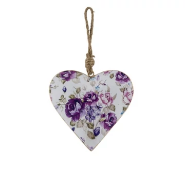 Szív alakú fém függő dísz, lila rózsás 10 x 0,5 x 10 cm