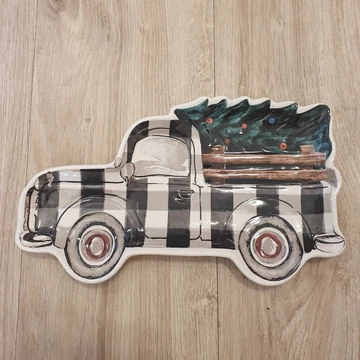 Karácsonyi süteményes tál fenyőfa szállító autóval 31 x 18 cm