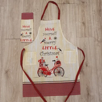 Karácsonyi kötény konyharuhával bicikli mintával bordó