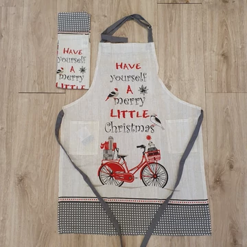 Karácsonyi kötény konyharuhával bicikli mintával szürke