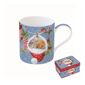 Karácsonyi kutya cica barátság porcelán bögre 350 ml díszdobozban
