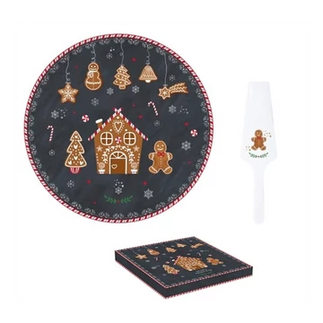 Karácsonyi mézeskalács figura mintás porcelán tortatál lapáttal díszdobozban 32 cm