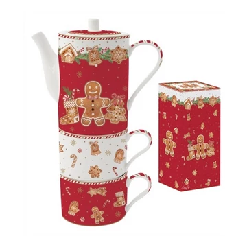 Porcelán bögre szett 2 db 240 ml teáskanna 500 ml dobozban piros mézeskalács figura mintával