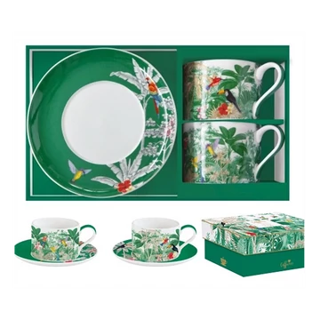 Porcelán csésze plusz alj, 240 ml, 2 személyes készlet díszdobozban, Trópusi mintával