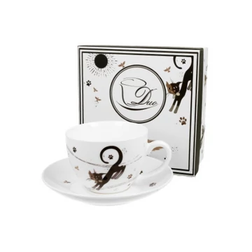 Porcelán fekete macskás csésze + alj 250 ml díszdobozban