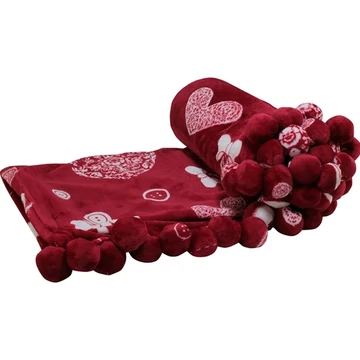 Olasz pléd piros szíves pompomos 160 x 200 cm