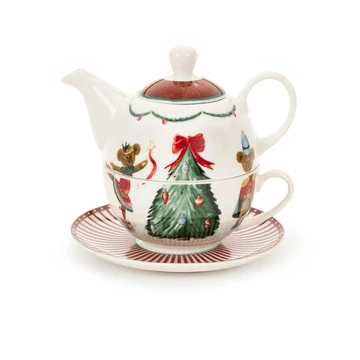 Karácsonyi porcelán egyszemélyes teáskanna fenyőfa Bear díszdobozban