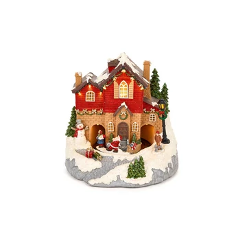 Karácsonyi életkép ledes zenélő hóemberrel mikulásokkal 22,5 x 23 x 22,5 cm