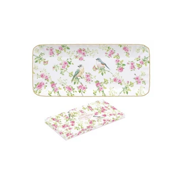 Hosszúkás madárkás porcelán tálca díszdobozban Hosszúkás madárkás porcelán tálca díszdobozban