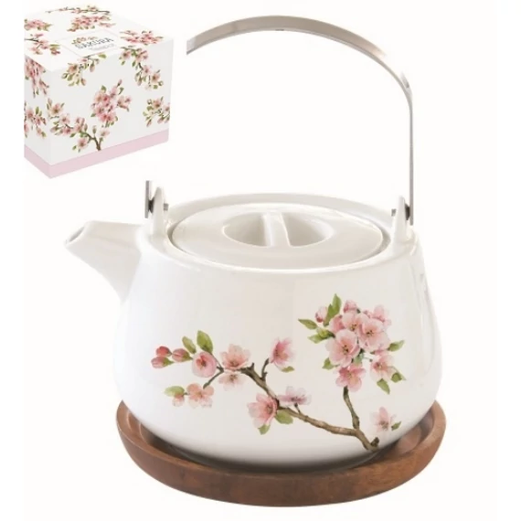 Porcelán teáskanna cseresznyevirággal akácfa tálcán 750 ml díszdobozban