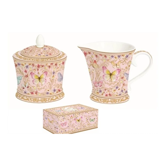 Pillangós porcelán tej/citrom kiöntő 200 ml, cukortartó 200 ml szett  díszdobozban
