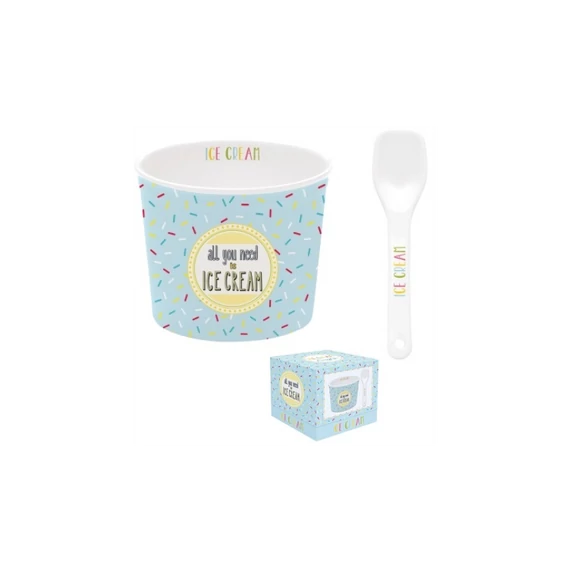 Kék porcelán fagyis tálka porcelán kanállal 8,5 cm átmérő