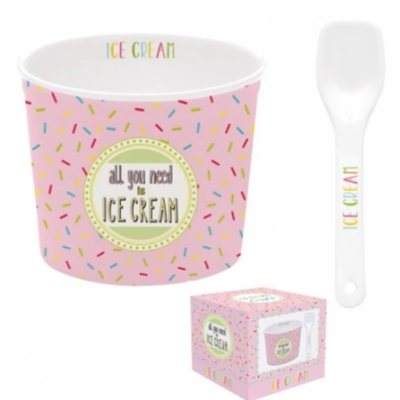 Rózsaszín porcelán fagyis tálka porcelán kanállal 8,5 cm átmérő