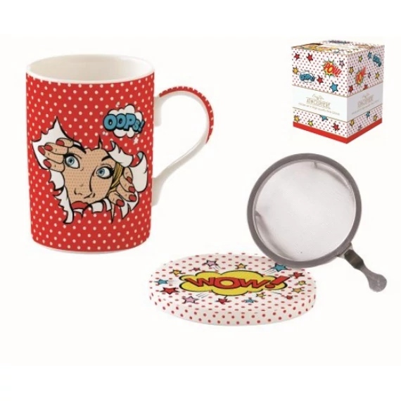 Pop Art porcelán bögre szűrővel, tetővel, díszdobozban 350 ml