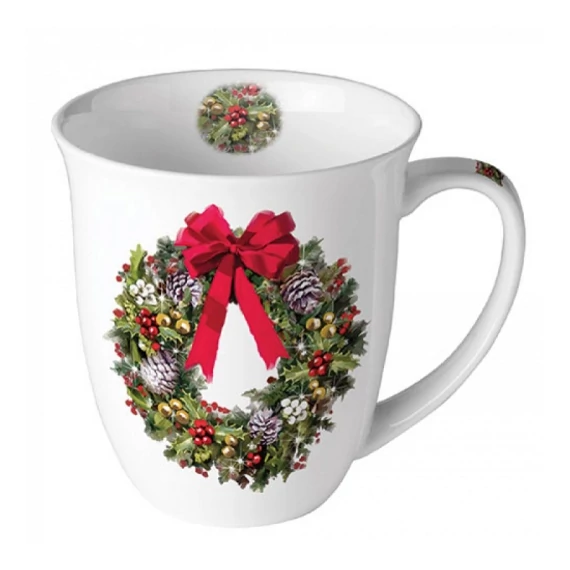 Porcelán bögre karácsonyi koszorúval fenyőágakkal 400 ml