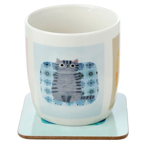 Űrmacskás porcelán bögre 3 képpel  parafa alátéttel 300 ml, díszdobozban