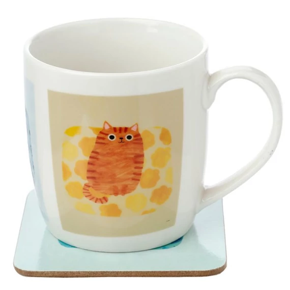 Űrmacskás porcelán bögre 3 képpel  parafa alátéttel 300 ml, díszdobozban
