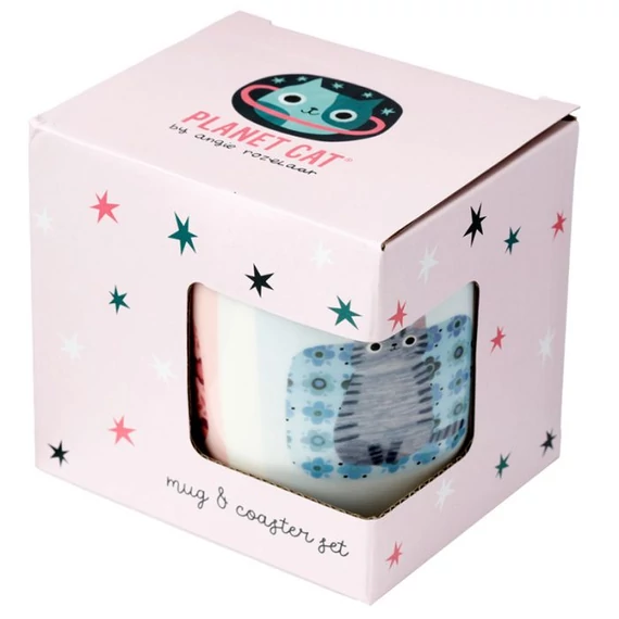 Űrmacskás porcelán bögre 3 képpel  parafa alátéttel 300 ml, díszdobozban