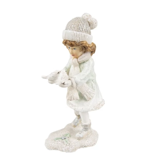 Kislány figura madarakkal fehér-ezüst 10 x 7 x 19 cm