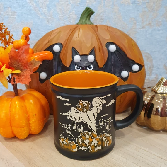 Halloween bögre tökfejű szellem a temetőben 10,3 x 11 cm