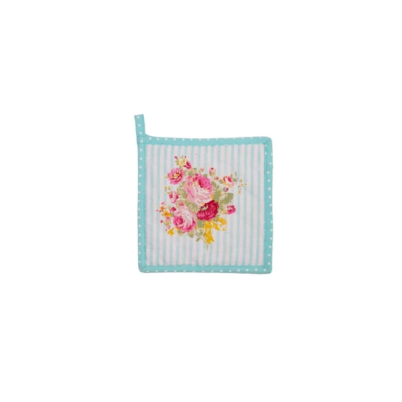 Pöttyös csíkos virágos világoskék textil edényalátét 20 x 20 cm