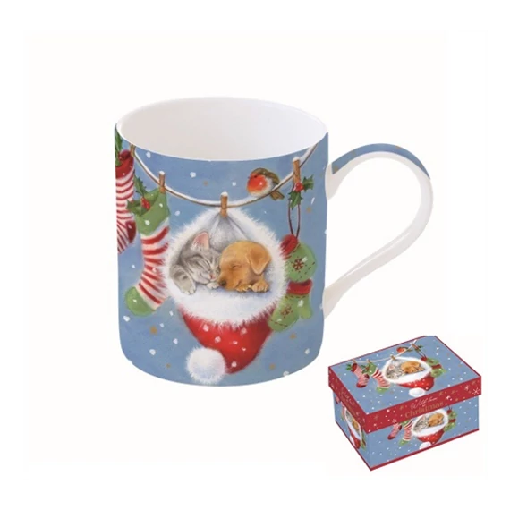 Karácsonyi kutya cica barátság porcelán bögre 350 ml díszdobozban