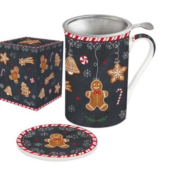 Karácsonyi mézeskalács figura mintás  porcelán bögre tetővel fémszűrővel dobozban 300 ml