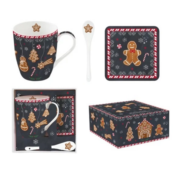 Mézeskalács figura mintás porcelán bögre porcelán kanállal parafa alátéttel díszdobozban