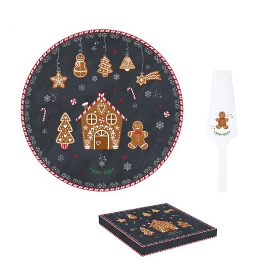 Karácsonyi mézeskalács figura mintás porcelán tortatál lapáttal díszdobozban 32 cm