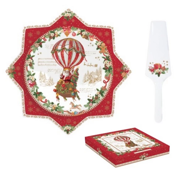 Porcelán tortatál lapáttal  Mikulás hőlégballonon 32 cm