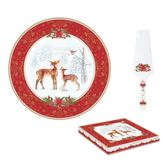 Karácsonyi őzikés porcelán tortatál porcelán lapáttal