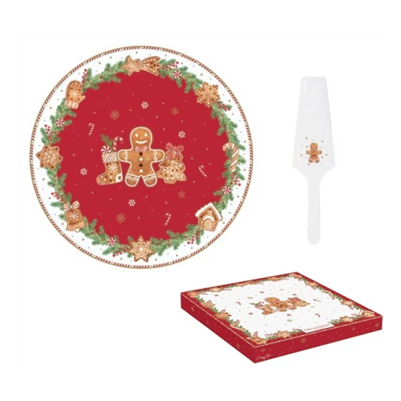 Porcelán tortatál lapáttal  piros,mézeskalács figura mintával 32 cm