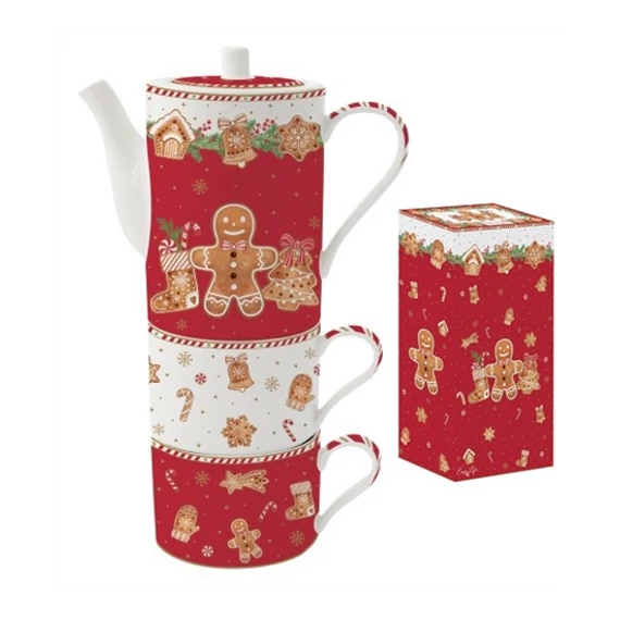 Porcelán bögre szett 2 db 240 ml teáskanna 500 ml dobozban piros mézeskalács figura mintával