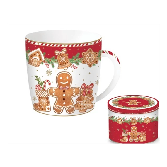 Porcelán bögre piros fémdobozban mézeskalács figura mintával 350 ml