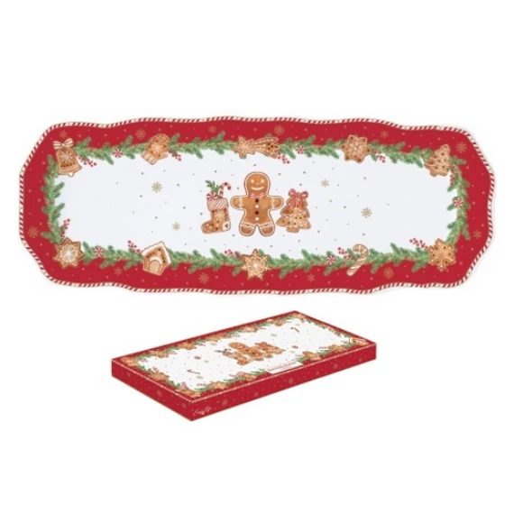 Porcelán tálca piros,dobozban mézeskalács figura mintával 37 x 14 cm