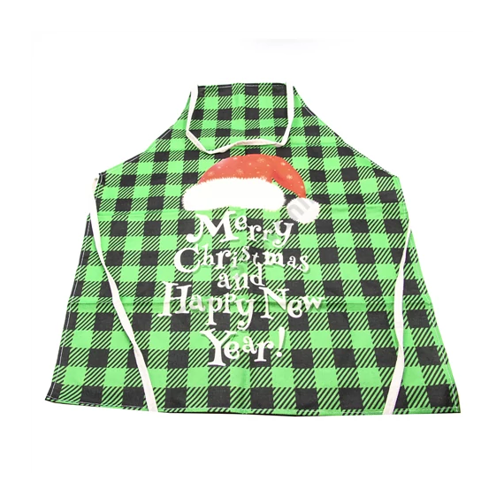 Karácsonyi kötény, világos zöld, Merry Christmas and Happy New Year felirattal, mikulás sapkával