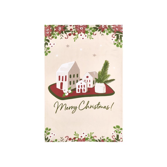Karácsonyi konyharuha fakanállal Merry Christmas felirattal házikókkal 40 x 70 cm