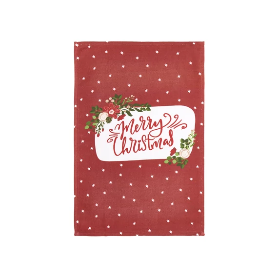 Karácsonyi konyharuha  fakanállal Merry Christmas felirattal csillagokkal 40 x 70 cm