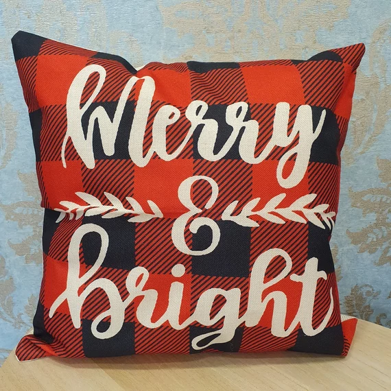 Merry & Bright piros fekete kockás Karácsonyi párnahuzat 45 x 45 cm