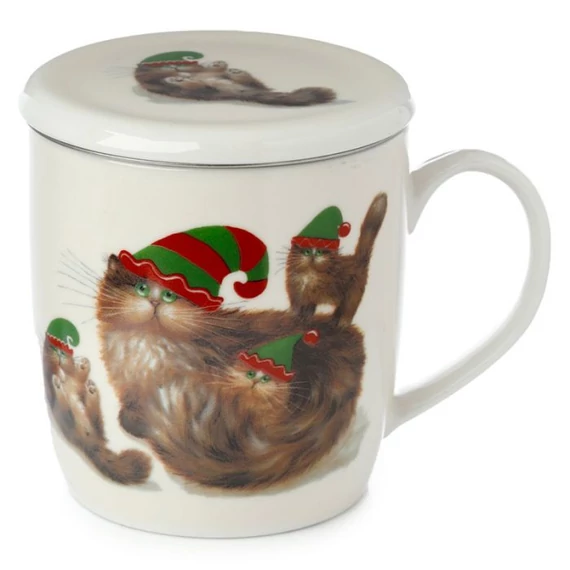 Porcelán bögre szűrővel tetővel  cica manók