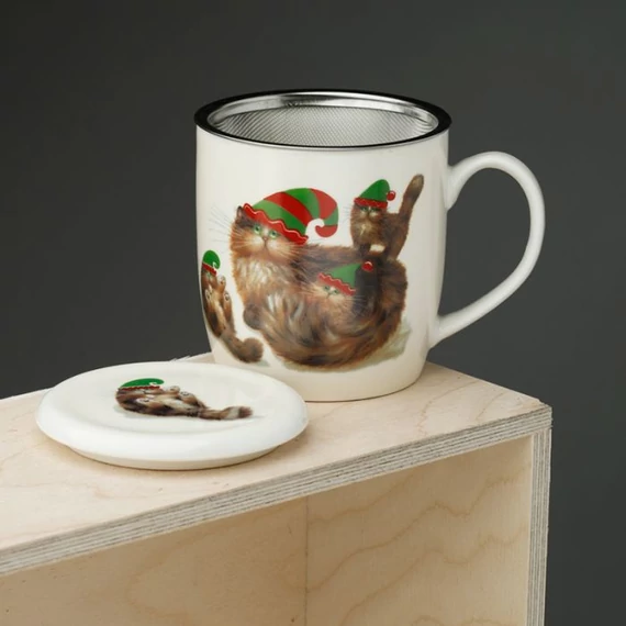 Porcelán bögre szűrővel tetővel  cica manók