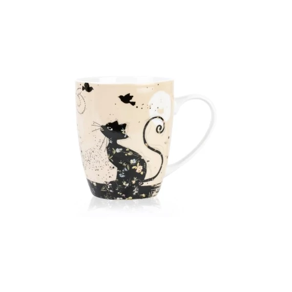Fekete cicás porcelán bögre madárkákkal 360 ml