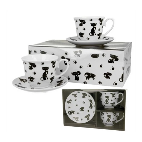 Porcelán csésze+alj 2 személyes fekete macskák 250 ml