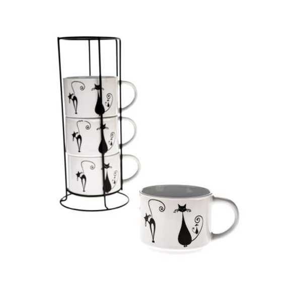 Porcelán bögre szett 4 db-os, fémállványon fekete macskákkal  300 ml