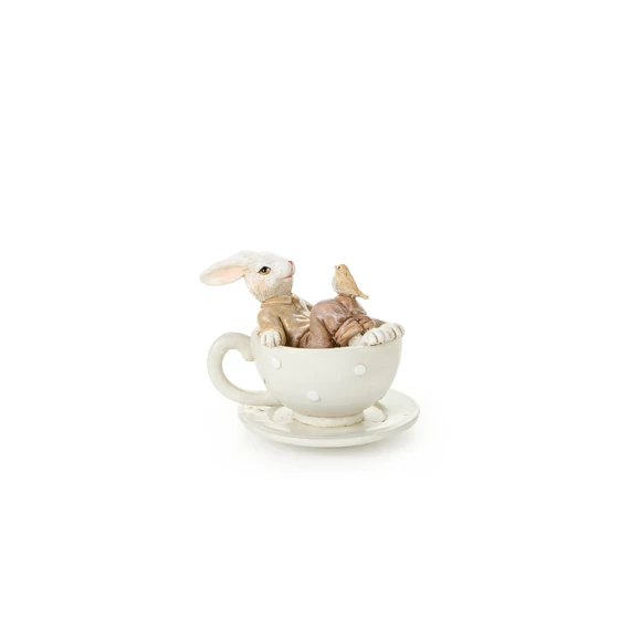 Nyuszi fehér csészében madárkával resin 10.5 cm