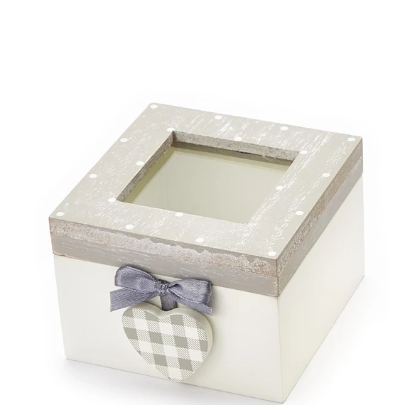 Fa tároló doboz fotótartóval kockás szívecskével 10 x 10 cm