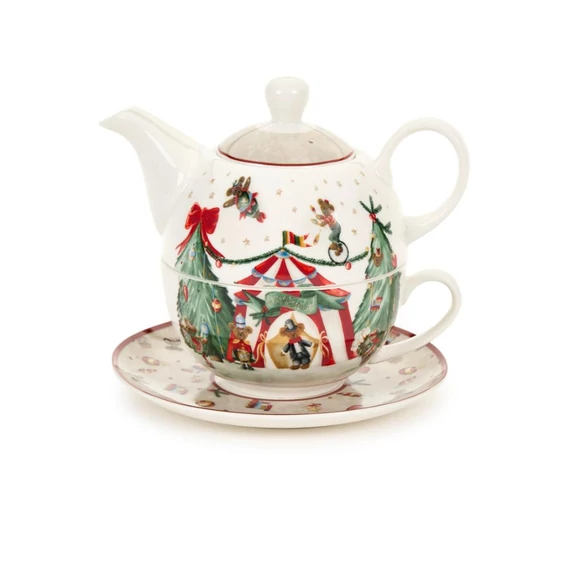 Karácsonyi  porcelán egyszemélyes teáskanna sátras Bear díszdobozban