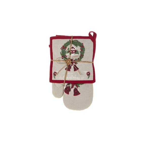 Kesztyű és alátét szett házikóval,koszorúval, MERRY Christmas felirattal