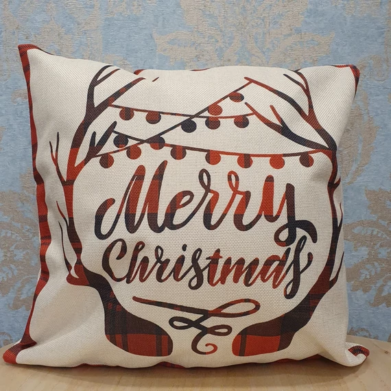 Karácsonyi Párnahuzat szarvas agancsok feldíszítve Merry Christmas felirattal