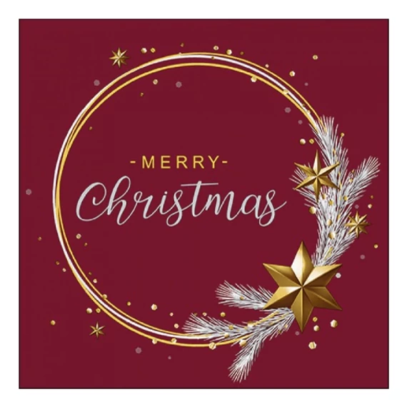Papírszalvéta karácsonyi bordó Merry Christmas felirattal arany csillaggal 20 db-os 33 x 33 cm